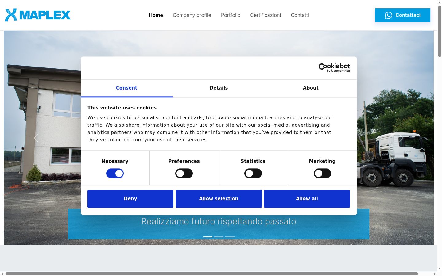 Screenshot del banner di consenso mostrato prima di qualsiasi interazione