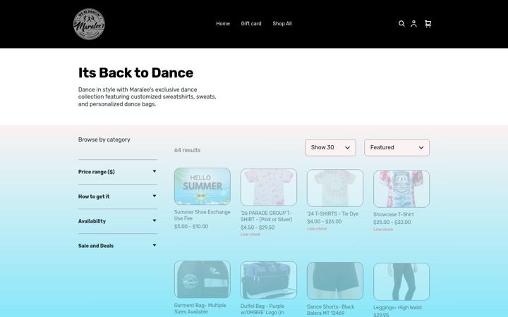 Screenshot of maraleesdanceboutique.com