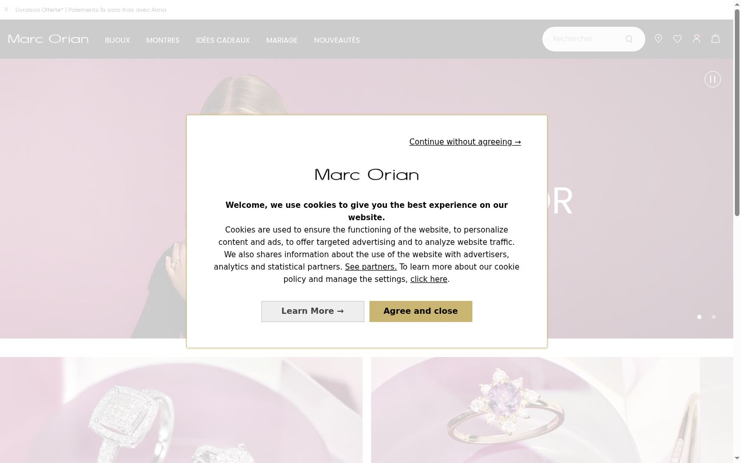 Screenshot del banner di consenso mostrato prima di qualsiasi interazione