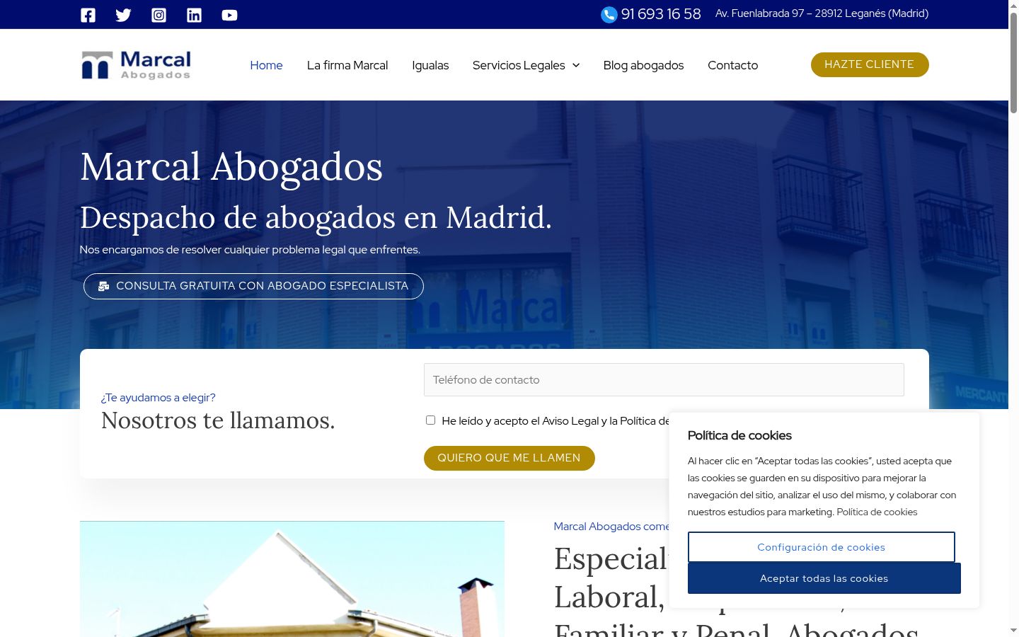 Captura de pantalla del banner de consentimiento mostrado antes de cualquier interacción