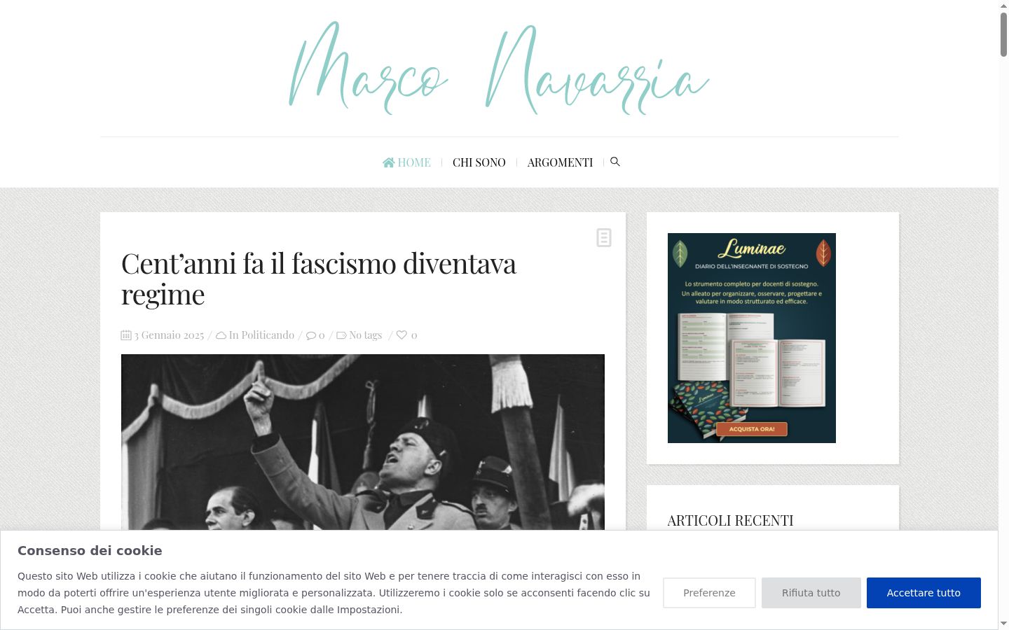 Screenshot del banner di consenso mostrato prima di qualsiasi interazione