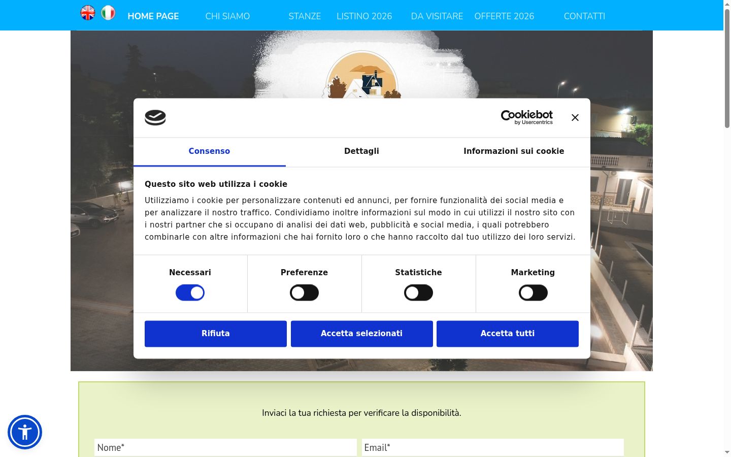 Screenshot del banner di consenso mostrato prima di qualsiasi interazione