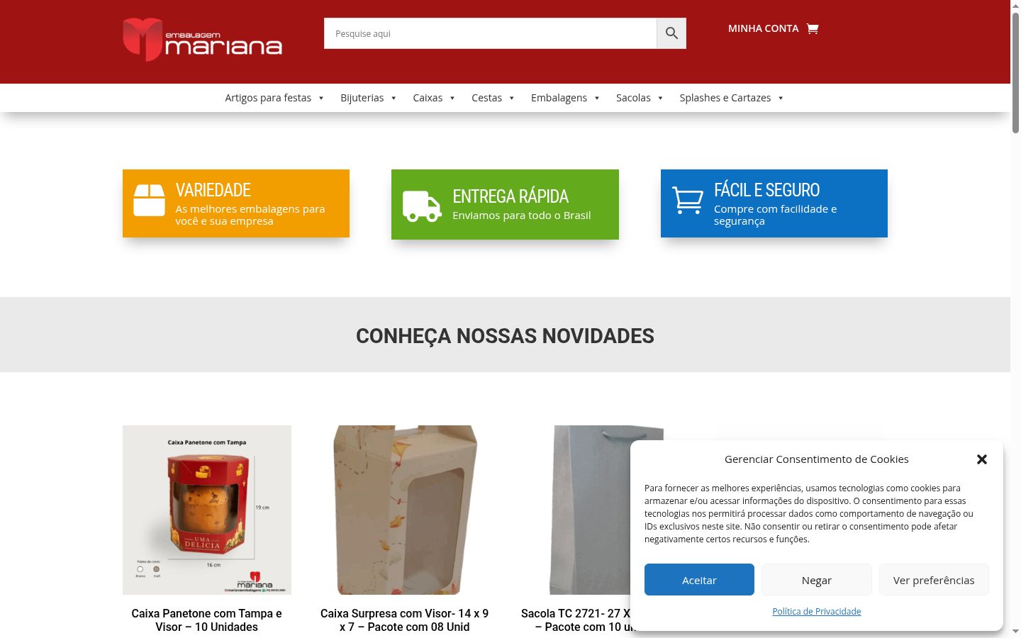 Captura de ecrã do banner de consentimento apresentado antes de qualquer interação