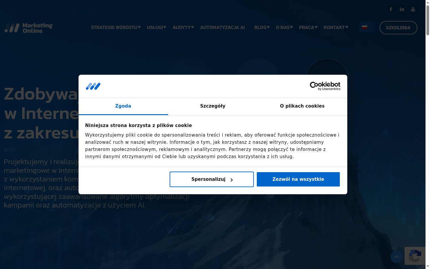 Captura de ecrã do banner de consentimento apresentado antes de qualquer interação