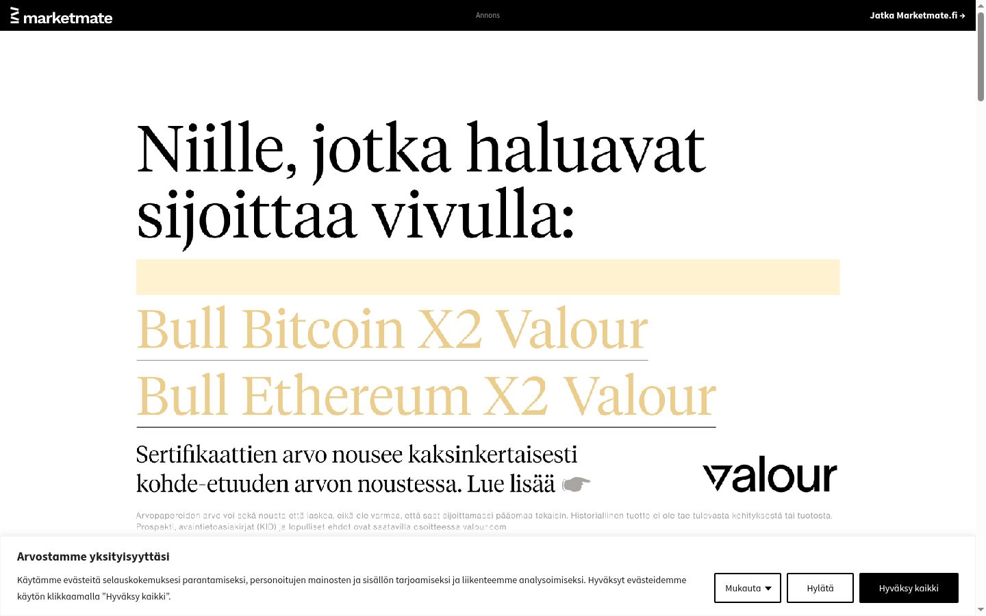 Kuvakaappaus suostumusbannerista, joka näytettiin ennen mitään vuorovaikutusta
