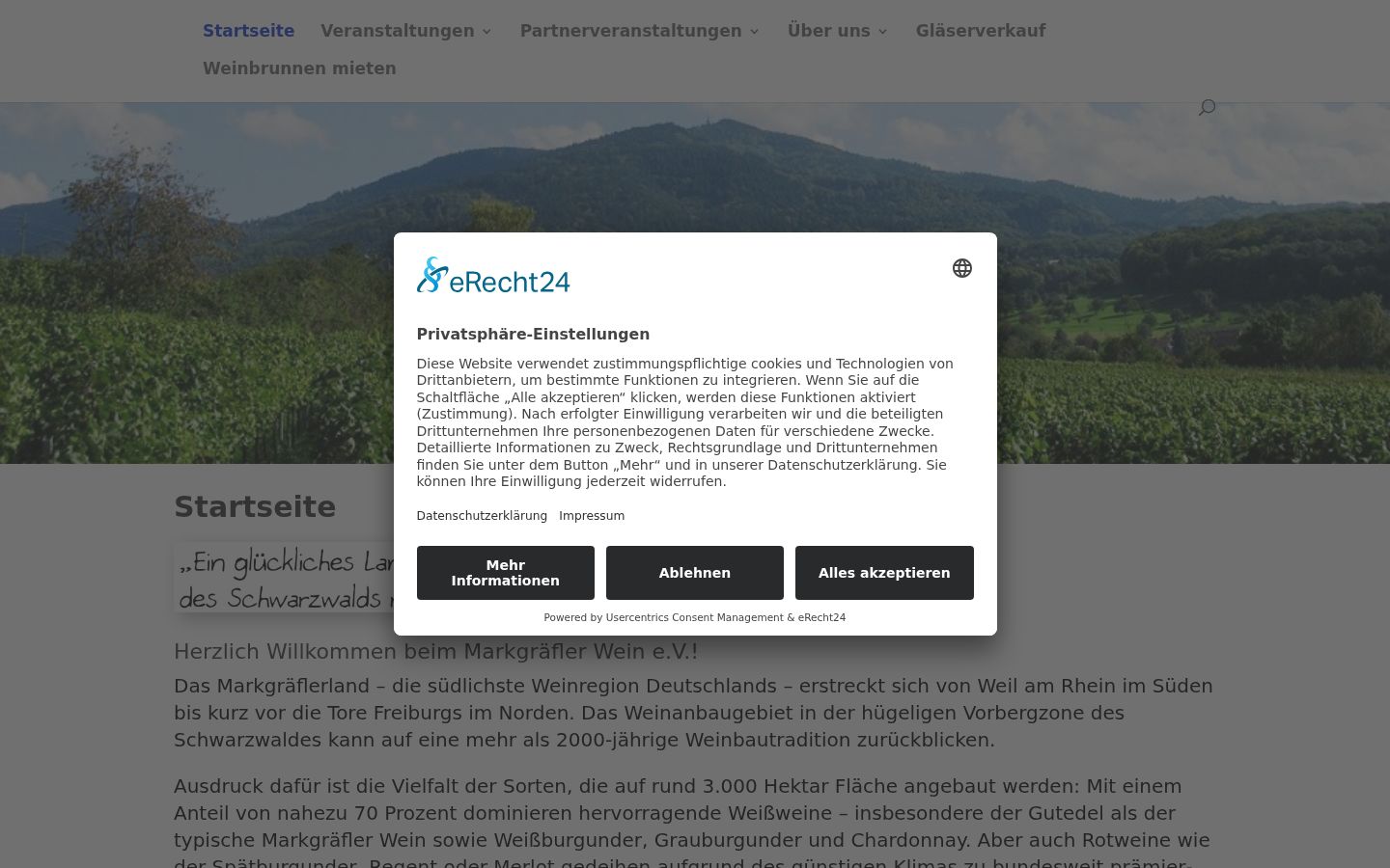 Captura de ecrã do banner de consentimento apresentado antes de qualquer interação