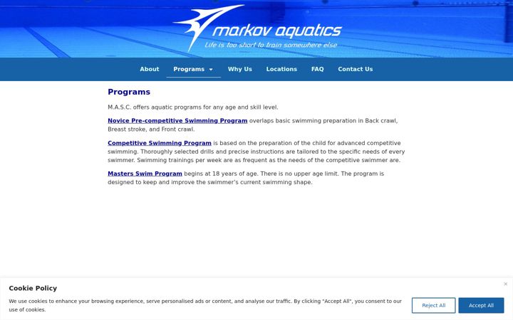 Screenshot of markovaquatics.com