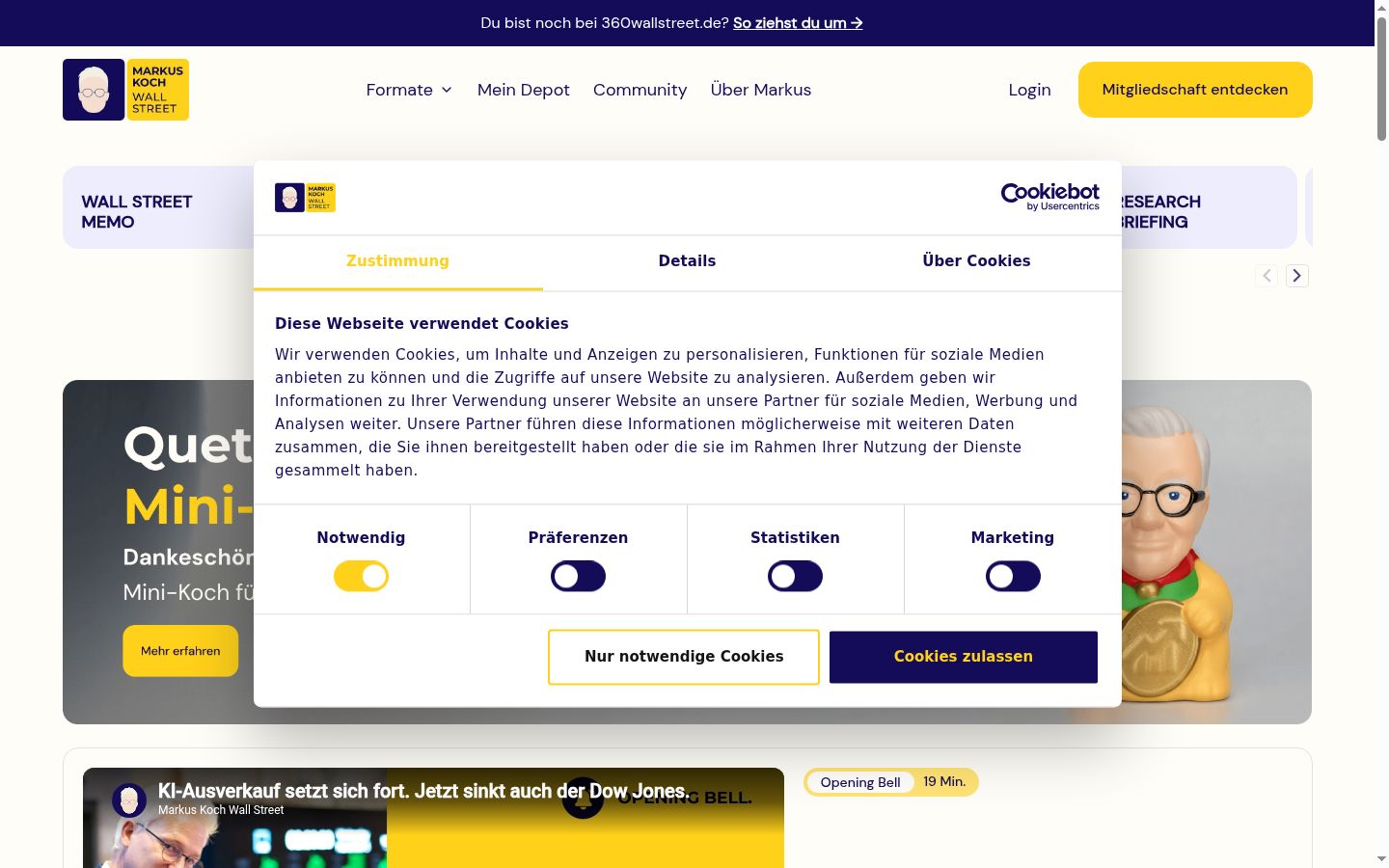 Screenshot des Einwilligungsbanners vor jeglicher Interaktion