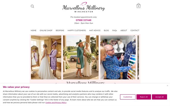 Screenshot of marvellousmillinery.co.uk