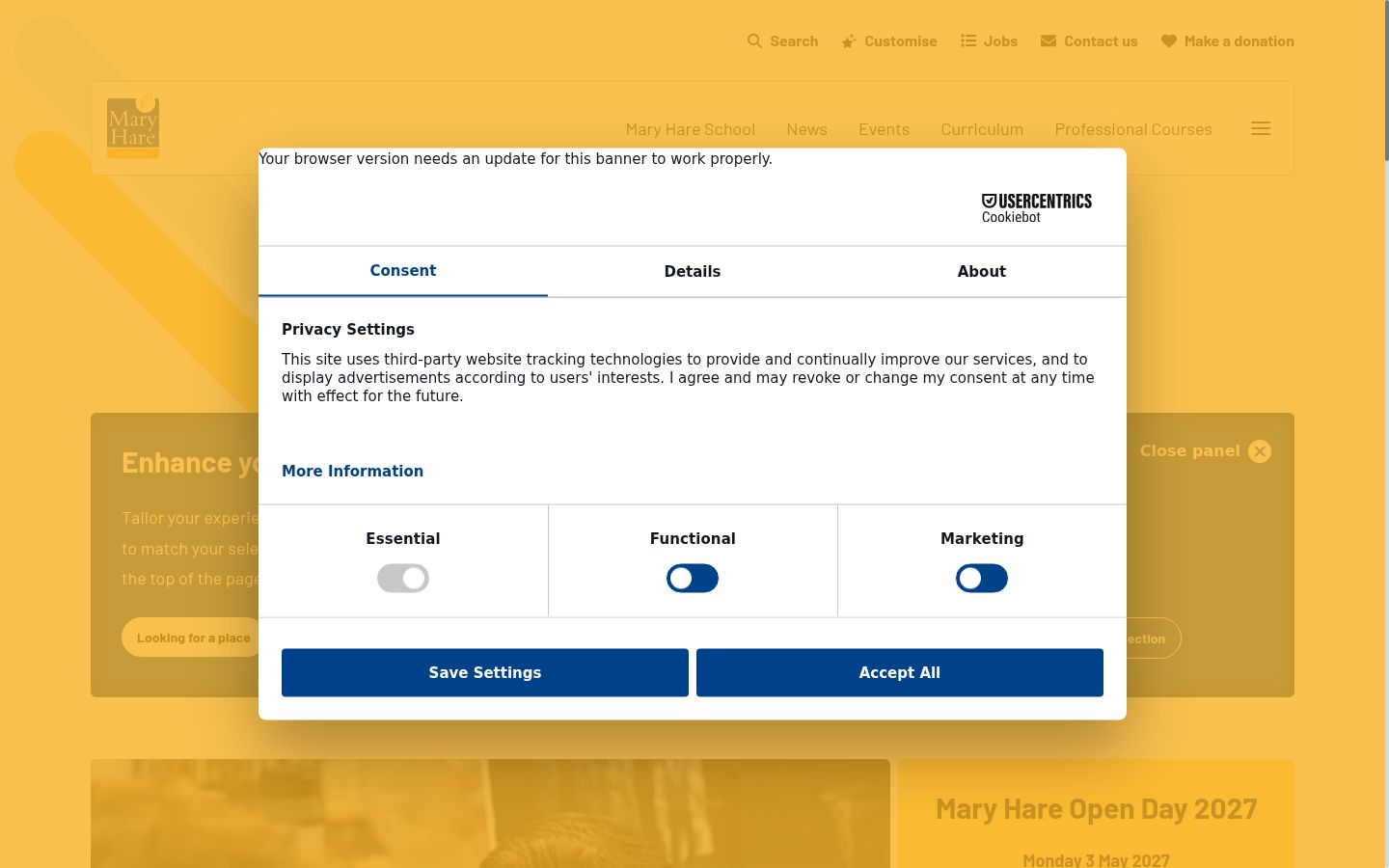 Screenshot del banner di consenso mostrato prima di qualsiasi interazione