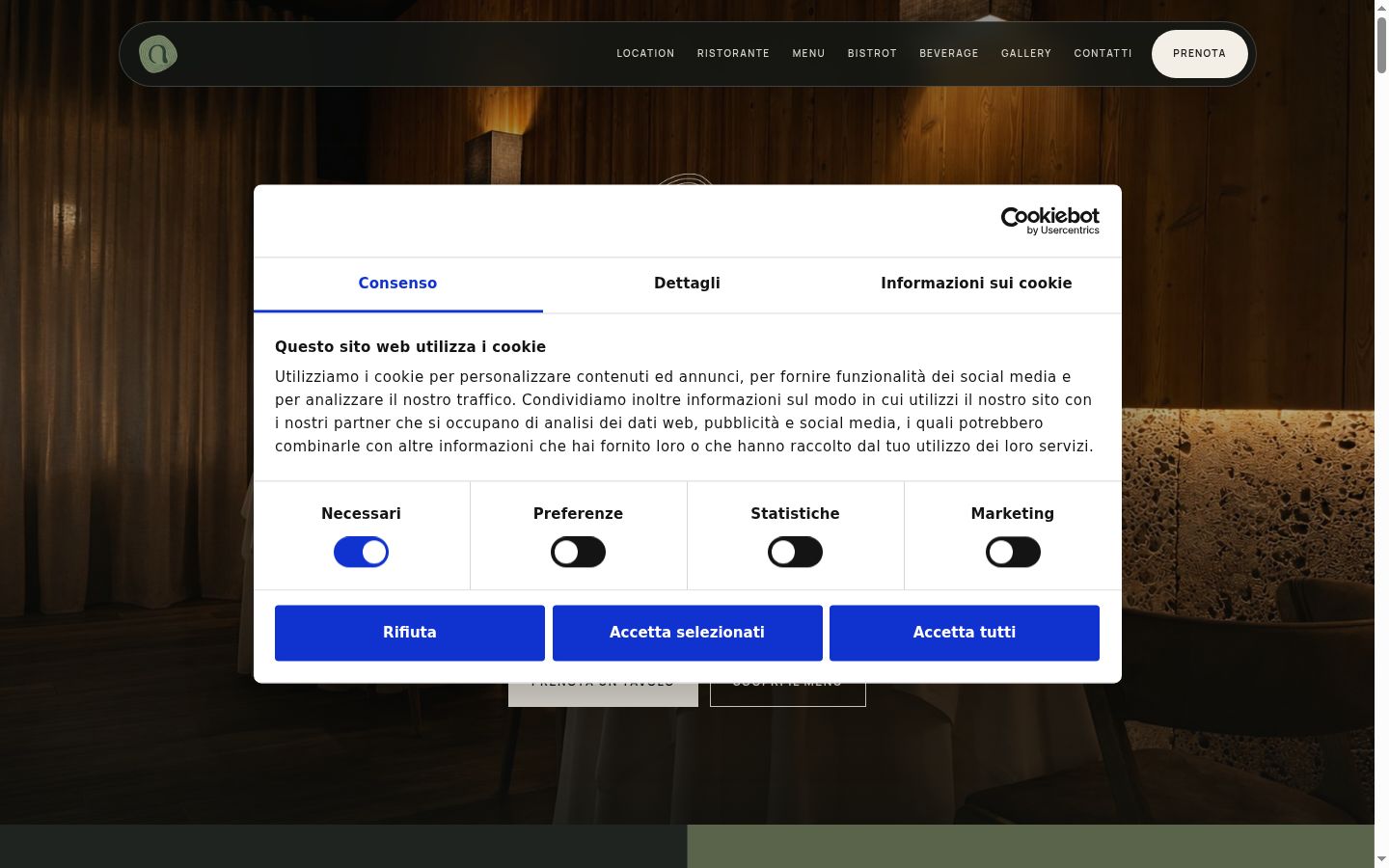 Screenshot del banner di consenso mostrato prima di qualsiasi interazione