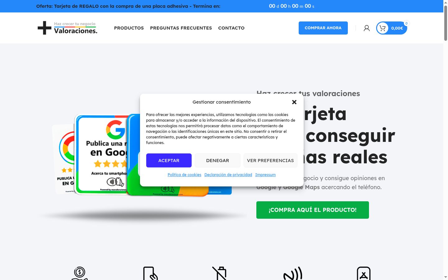 Captura de ecrã do banner de consentimento apresentado antes de qualquer interação