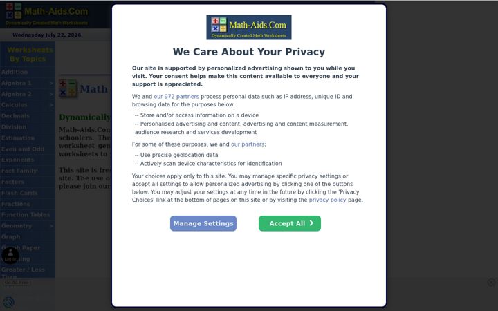 Skärmbild av math-aids.com