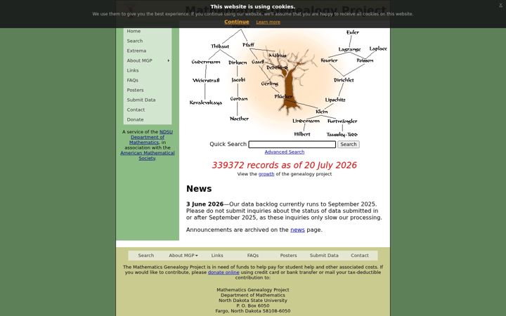 Screenshot of mathgenealogy.org