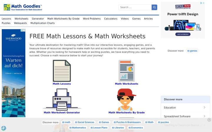 Screenshot of mathgoodies.com