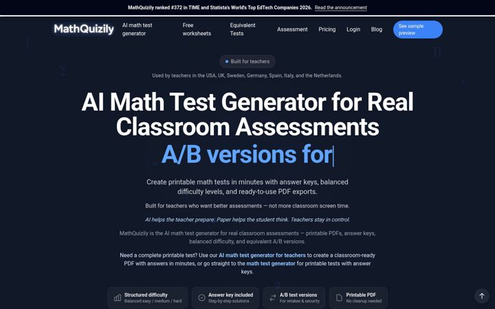 Screenshot of mathquizily.com