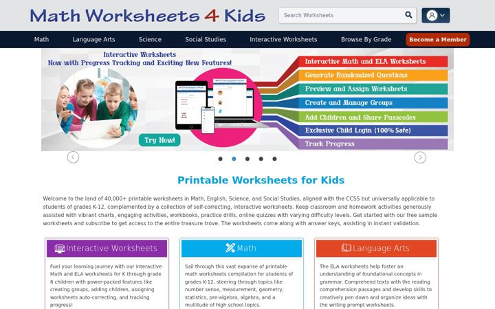 Screenshot of mathworksheets4kids.com