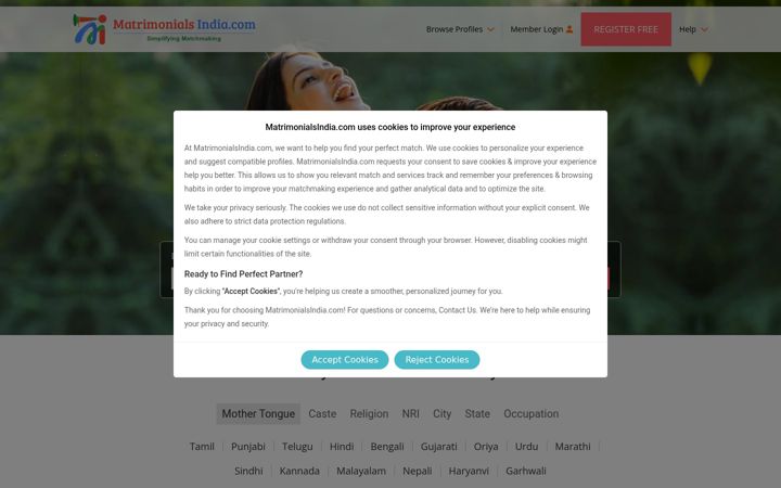 Screenshot of matrimonialsindia.com