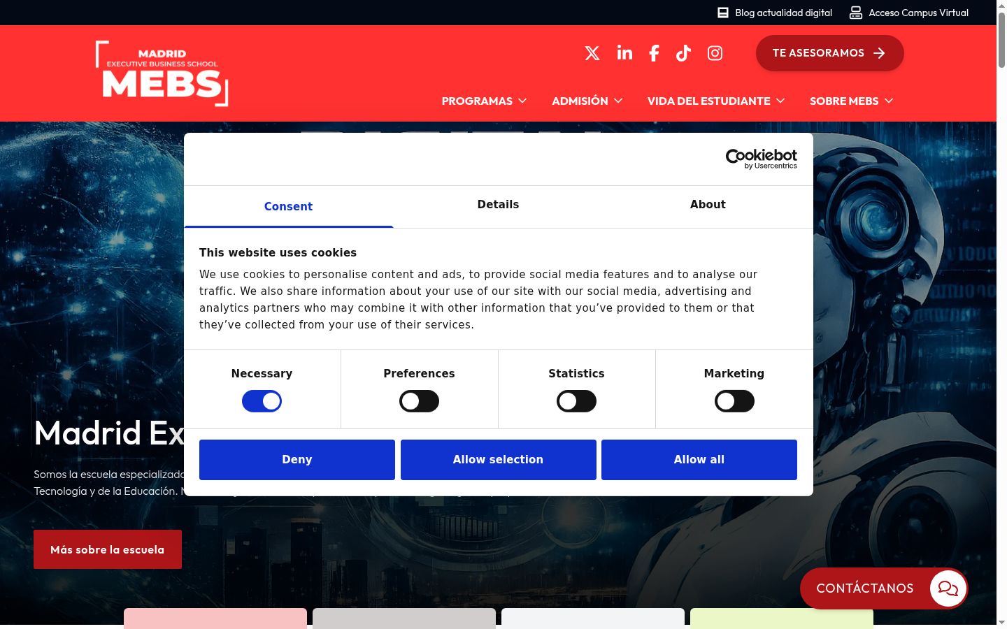 Screenshot del banner di consenso mostrato prima di qualsiasi interazione