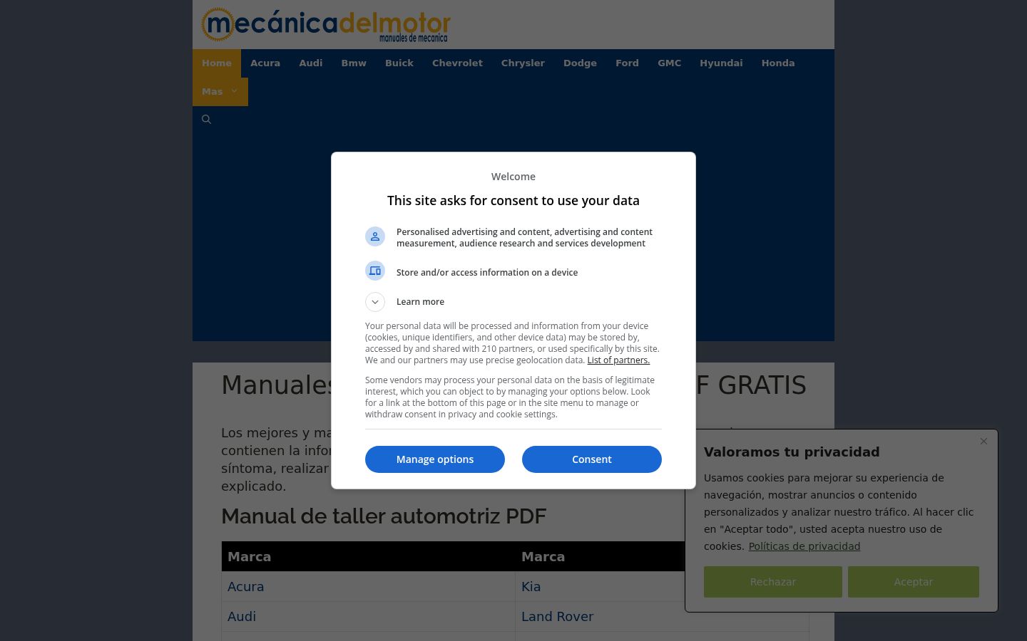 Captura de pantalla del banner de consentimiento mostrado antes de cualquier interacción