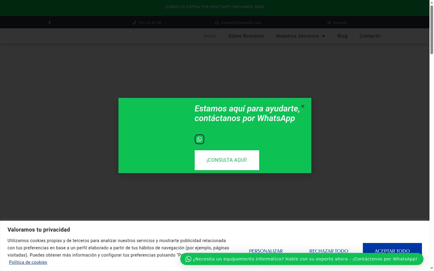 Captura de pantalla del banner de consentimiento mostrado antes de cualquier interacción