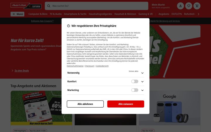 Kuvakaappaus sivustosta mediamarkt.de