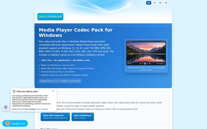 Screenshot of mediaplayercodecpack.com