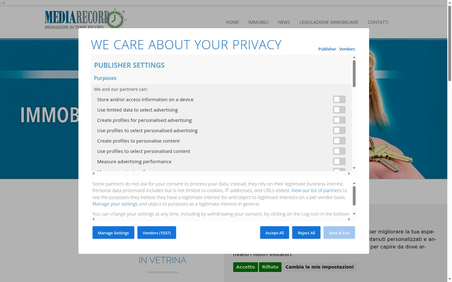 Screenshot del banner di consenso mostrato prima di qualsiasi interazione