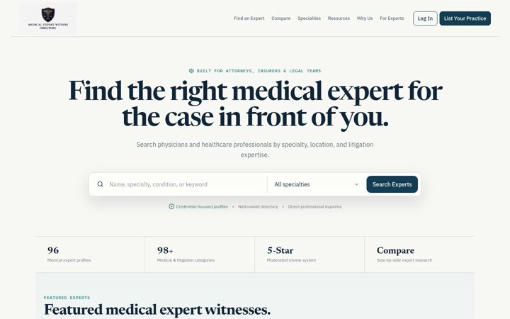 Screenshot of medicalexpertwitnessdirectory.com