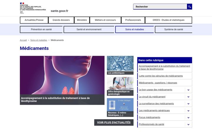 Captură de ecran a medicaments.gouv.fr