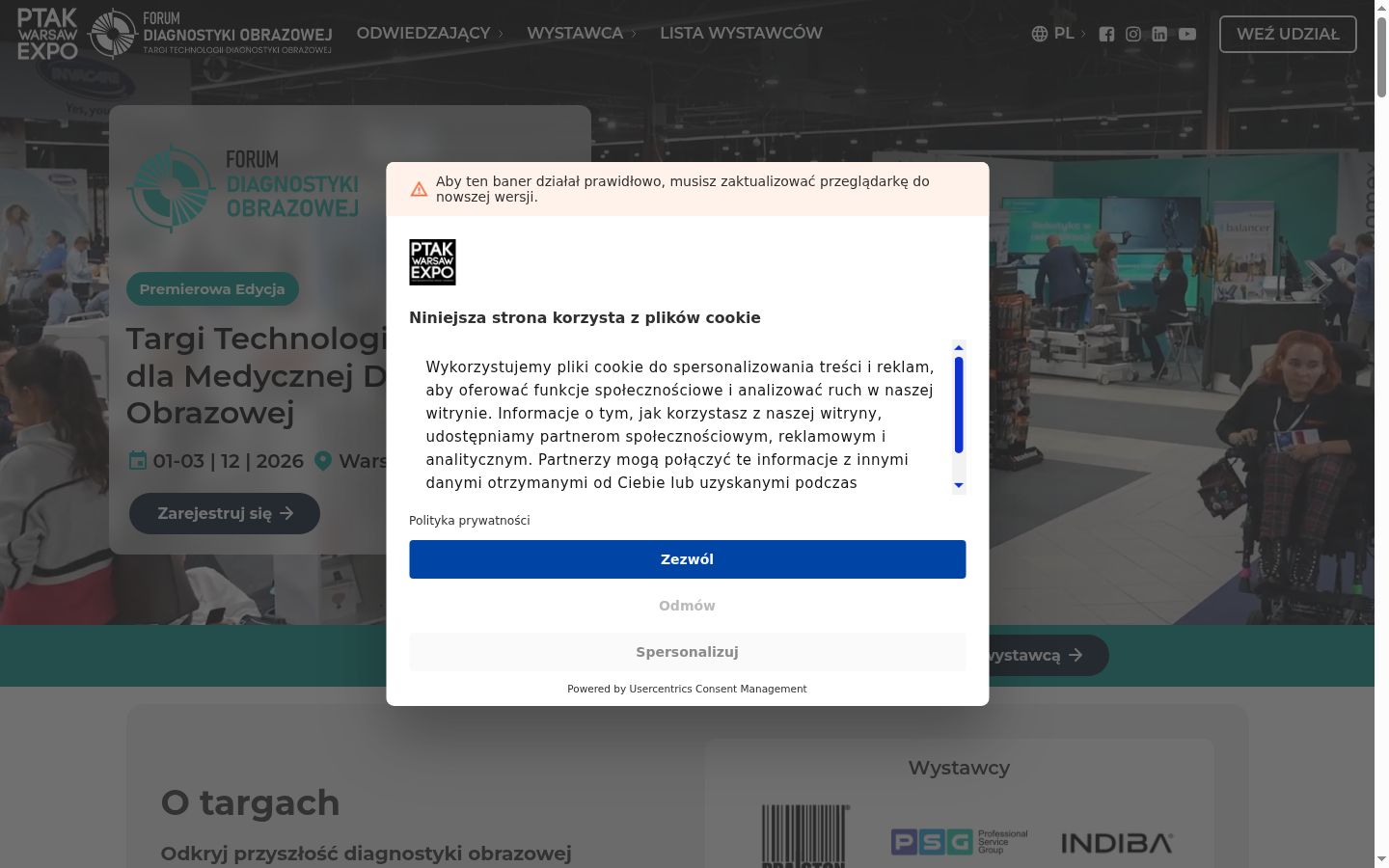 Zrzut ekranu banera zgody wyświetlanego przed jakąkolwiek interakcją
