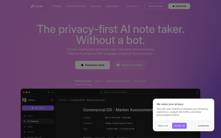 Screenshot of meetjamie.ai