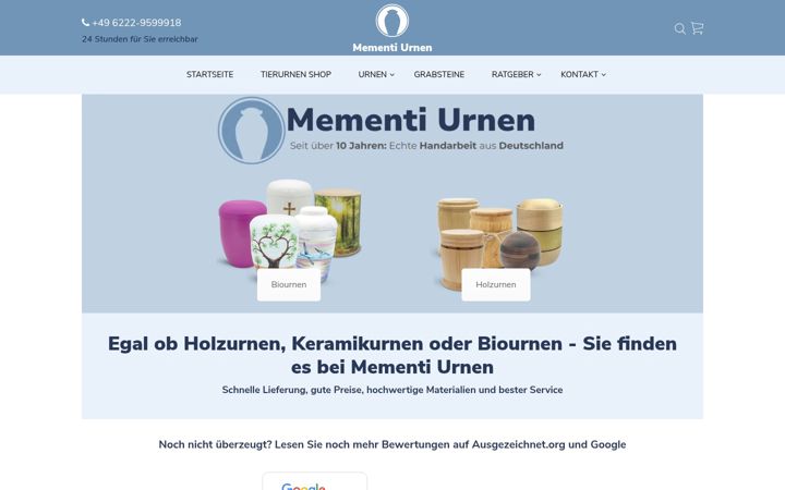 Ekraanipilt saidist mementi-urnen.de