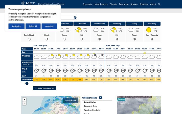 Skärmbild av met.ie