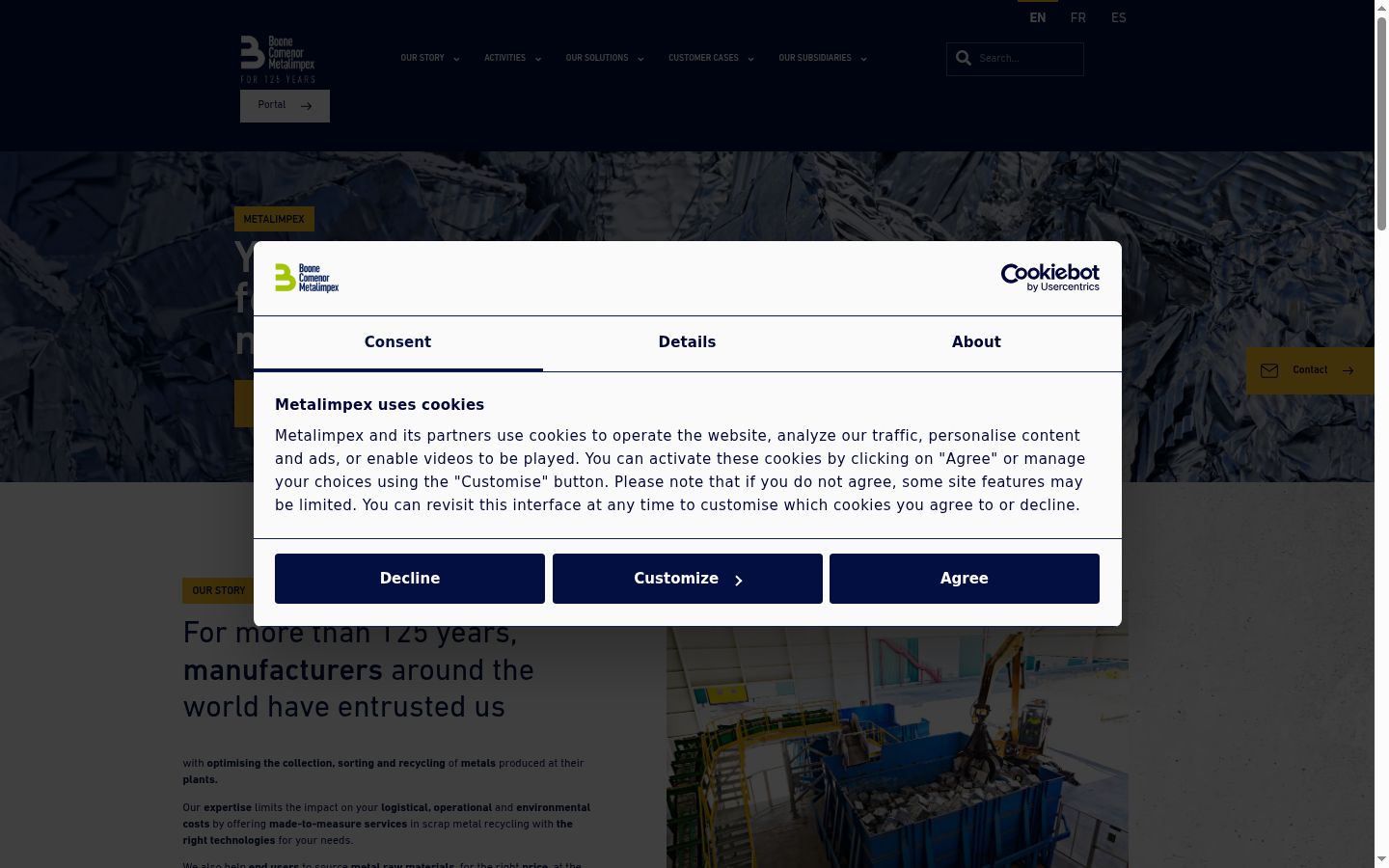 Screenshot del banner di consenso mostrato prima di qualsiasi interazione