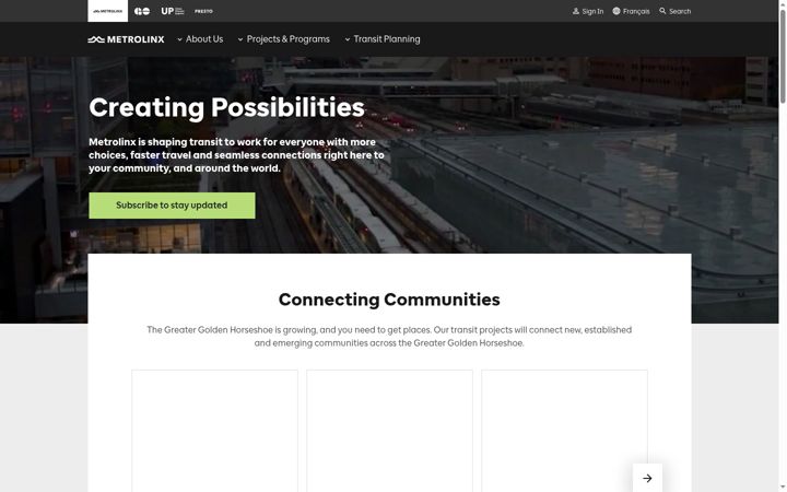 Screenshot of metrolinx.com