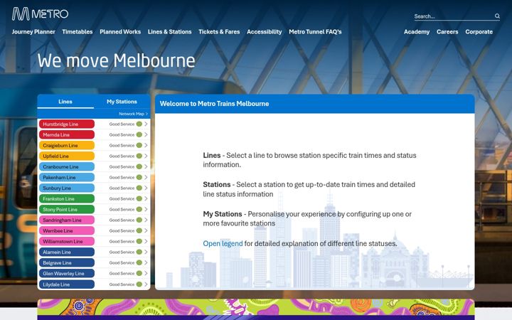Screenshot stránky metrotrains.com.au