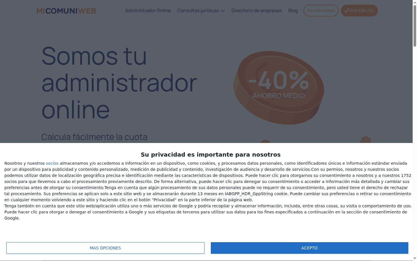 Captura de pantalla del banner de consentimiento mostrado antes de cualquier interacción