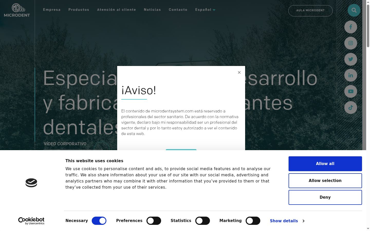 Captura de pantalla del banner de consentimiento mostrado antes de cualquier interacción