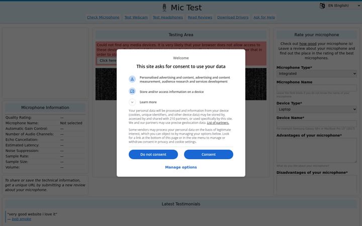 Screenshot of mictests.com