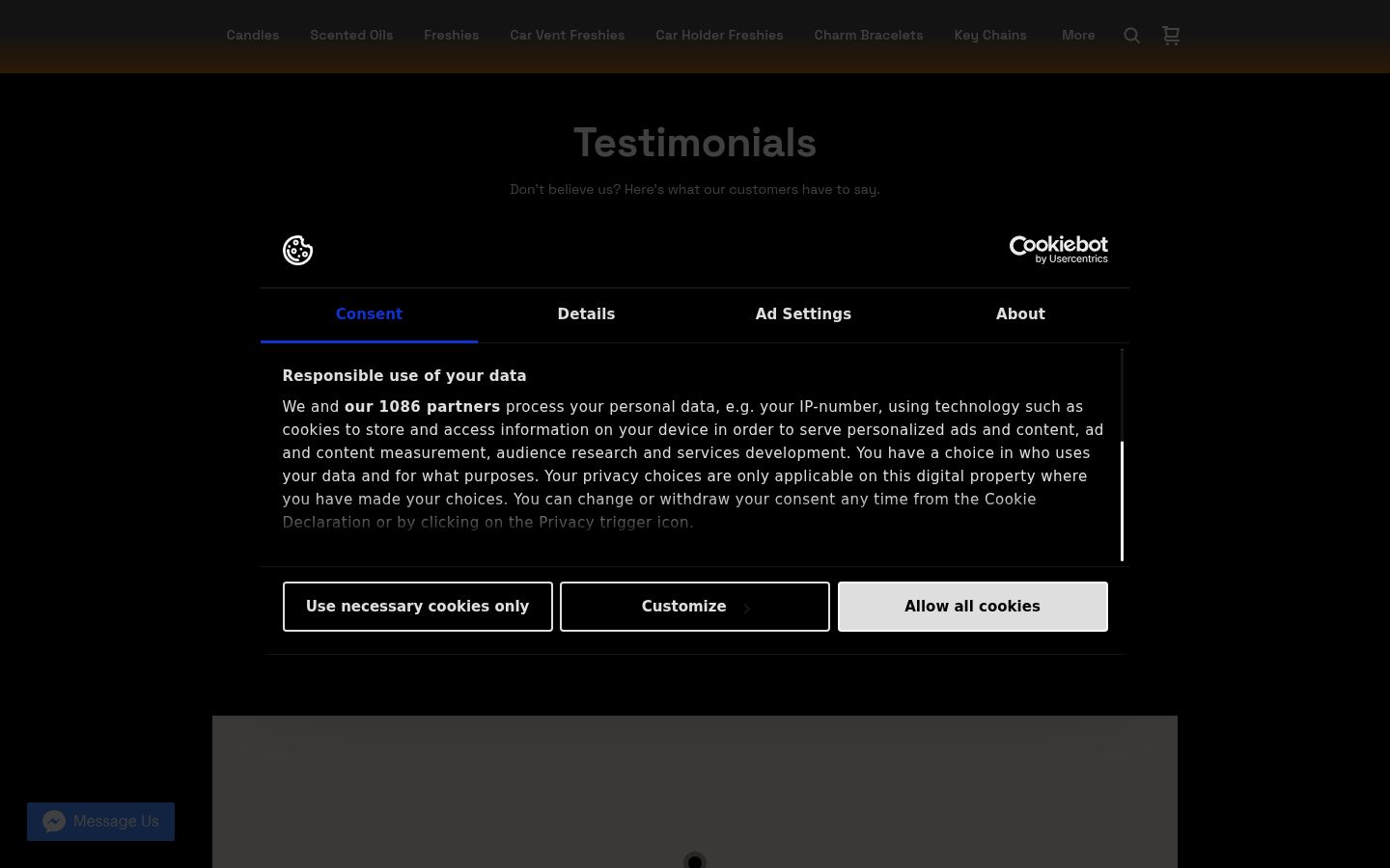 Screenshot del banner di consenso mostrato prima di qualsiasi interazione