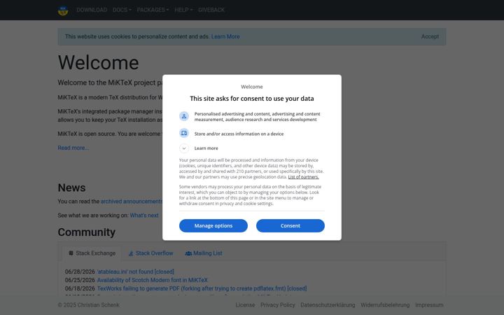 Screenshot of miktex.org