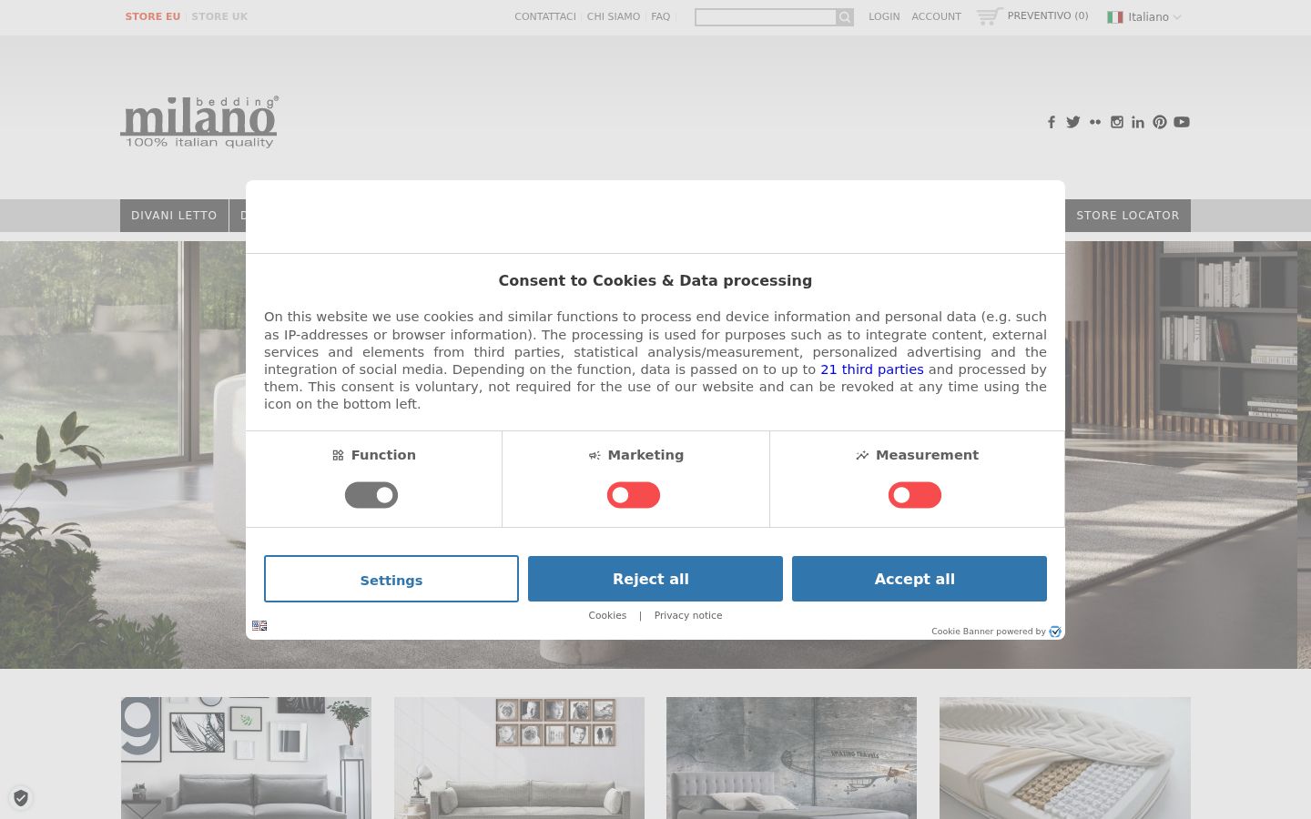 Screenshot del banner di consenso mostrato prima di qualsiasi interazione