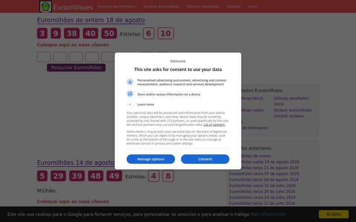 Screenshot of milhoeseuro.com