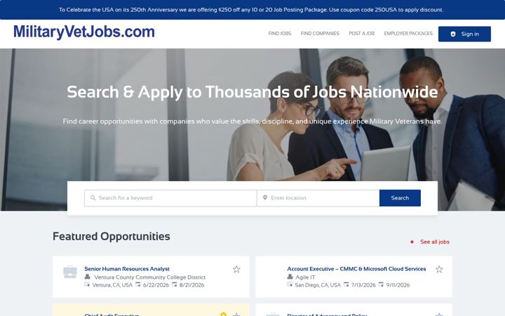 Screenshot of militaryvetjobs.com