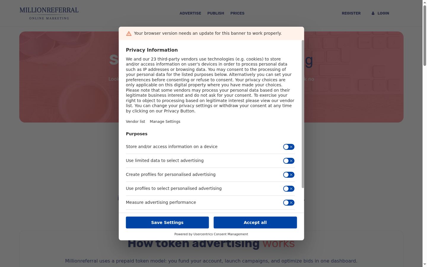 Screenshot del banner di consenso mostrato prima di qualsiasi interazione