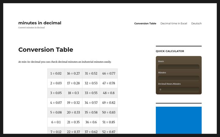 Screenshot of min-in-decimal.com