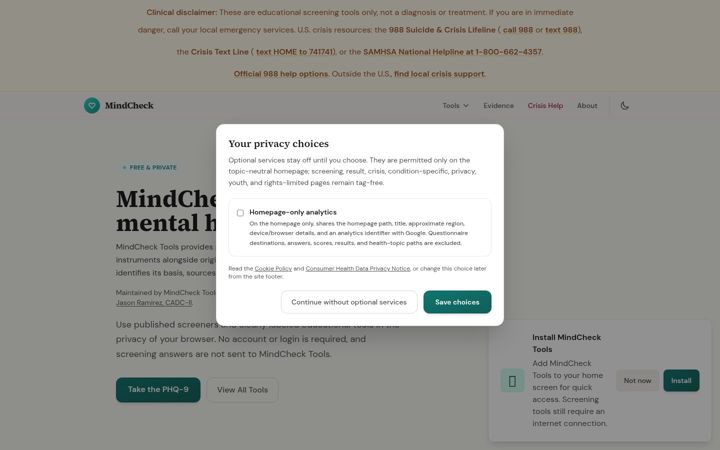 Screenshot of mindchecktools.com