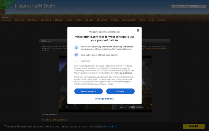 Screenshot of minecraftinfo.com