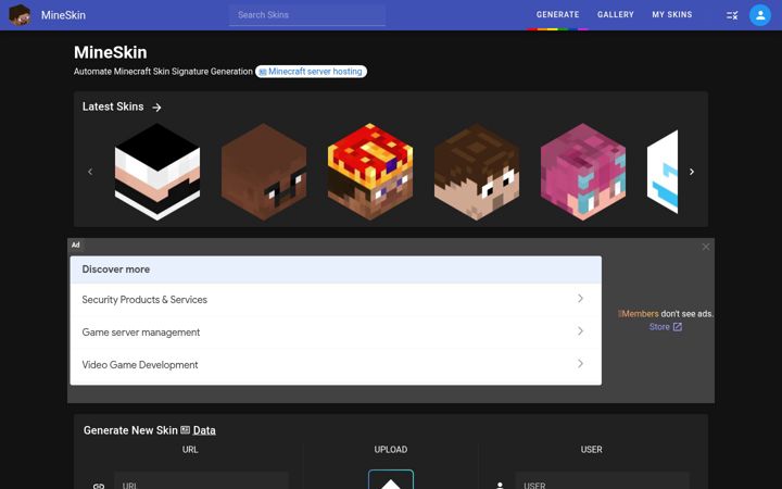Screenshot of mineskin.org